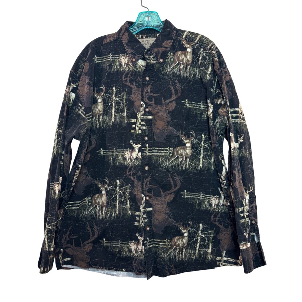 Deer Print Shirt Mens XL Black Brown Button Down Cotton Outdoors Gorpcore Cabin